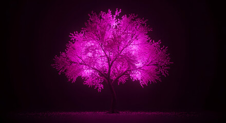 Captivating image of a luminous tree bathed in vibrant magenta light against a stark black backdrop, evokes a sense of mystery and surreal beauty illuminating the darkness creating a dreamy ethereal