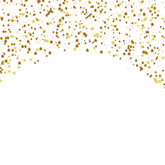 Golden star shaped sparkles confetti isolated on white background.