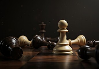 Strategic chess pawn amidst fallen pieces on wooden board; victory concept