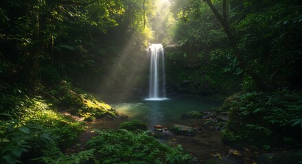 Serene Waterfall Cascading into Emerald Pool Amidst Lush Tropical Rainforest Sunlight