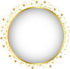 Gold sparkles on white background. White circle shape for text and design.