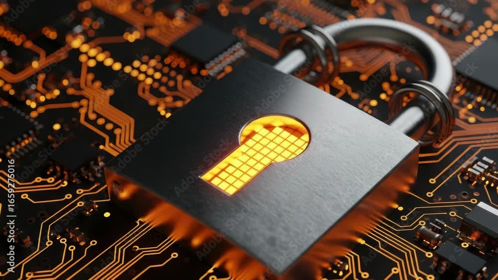 Poster a metallic padlock with a glowing keyhole sits on a complex circuit board, symbolizing digital secur