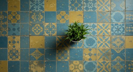 Small green plant on a rustic floor of aged blue and yellow ornamental ceramic tiles.