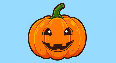 A happy and simple cartoon jack-o'-lantern with a friendly, gap-toothed smile on a solid light blue background.