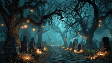 A spooky halloween graveyard scene with pumpkins and eerie lighting under gnarled trees in the fog