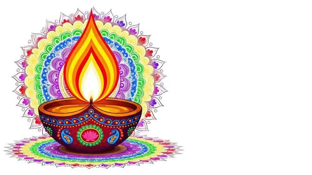 Rotating Indian Colorful Decorative Diya with Vibrant Rangoli Mandala for Diwali festival of lights.with white background.4K video animation.