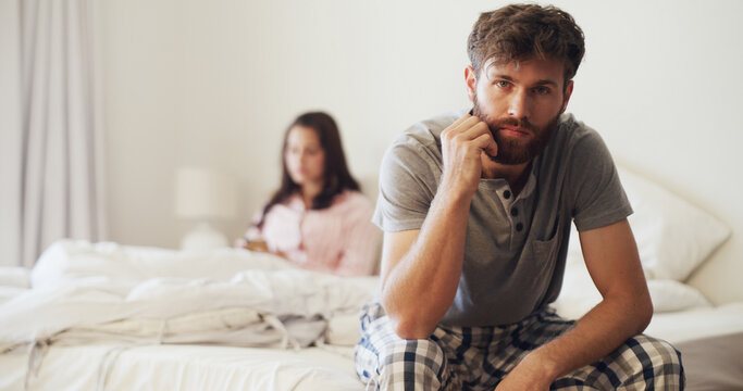 Portrait, man and couple in bedroom, ignore and divorce with conflict, marriage and angry. Home, people and stress with woman, toxic relationship and marital problems with breakup, fail and affair