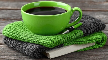 Cozy autumn scene coffee in a bright green mug rests on a stack of knitted sweaters atop a book on a rustic wooden surface, a pen nearby