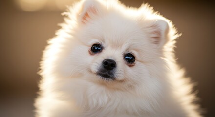 White Pomeranian dog portrait closeup