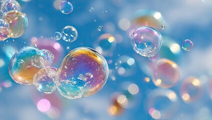 Naklejka premium Iridescent soap bubbles float against a vibrant blue sky