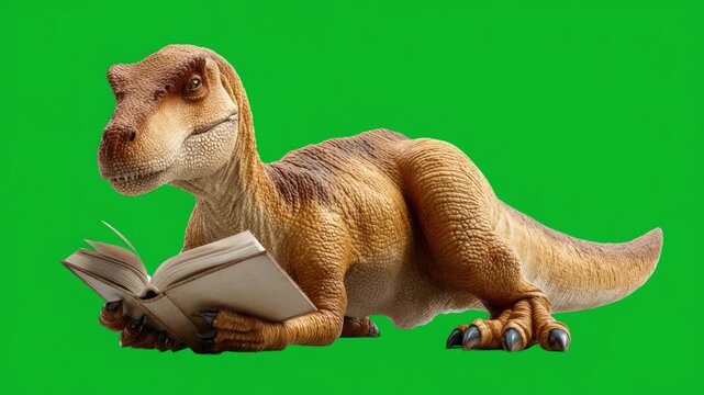 Tyrannosaurus Rex reading a book: A Tyrannosaurus Rex engrossed in a book, the prehistoric predator engages in an unexpected intellectual pursuit against a vibrant green backdrop.