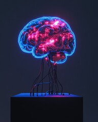 A neon brain with glowing pink and blue circuitry, floating on a dark background. Glowing wires connect to the base of it.