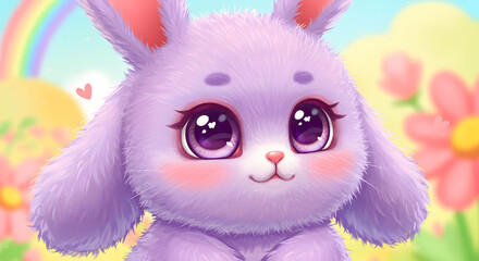 A fluffy purple bunny with purple eyes against a rainbow and flower background.