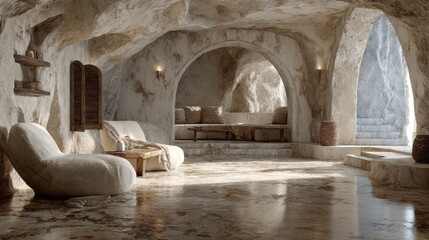 Fototapeta premium Sunlit cave dwelling interior; plush seating, stone walls
