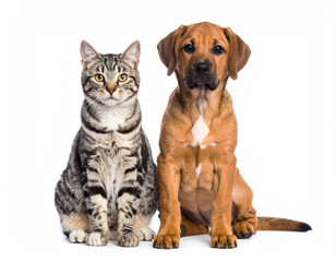 Obraz premium Tabby Cat and Golden Puppy Sitting Side by Side
