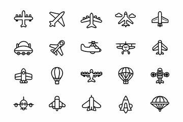 Collection of various aircrafts and air transportations in outline style vector