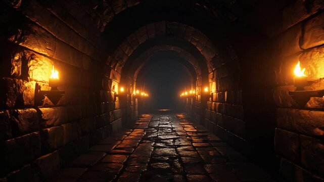 松明に照らされる地下ダンジョンを一人称視点で進む映像(First-person view walking through an underground dungeon lit by torches)