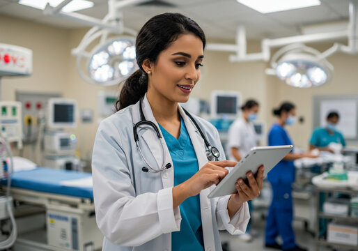 A female doctor in a white coat uses a tablet in an operating room, with medical staff and equipment visible in the background.