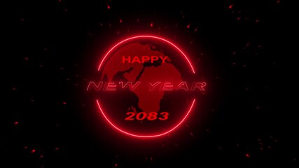 4k video 2083 concept of new year beginning, happy celebration, festival, new life, growth of business investment, finance, innovation. Glowing neon line word of Happy New Year 2083 on virtual screen.
