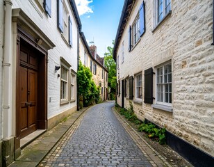 Cobblestone alleyway between aged, whitewashed buildings with dark wood doors and window shutters