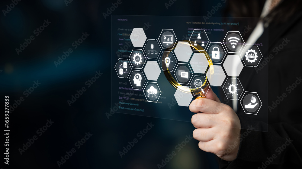Poster hexagon interface combining ai, data, analytics, and cybersecurity. ai connects systems, data drives