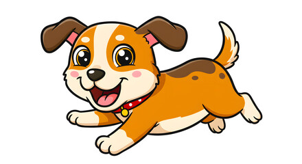 A cheerful cartoon puppy with brown and white fur, wearing a red collar, happily running with a big smile. Illustration white background