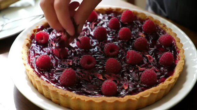 Raspberry tart with hibiscus flowers