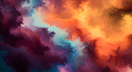 An abstract digital painting with swirling clouds of warm orange, yellow, and cool blue tones blending together in a dreamy, vibrant flow. Wallpaper template background