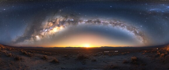 Naklejka premium panoramic view of the Milky Way galaxy from space, Earth in foreground with sun rising on it's horizon, realistic photography