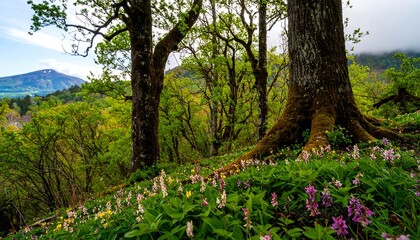 Lush forest floor with wildflowers