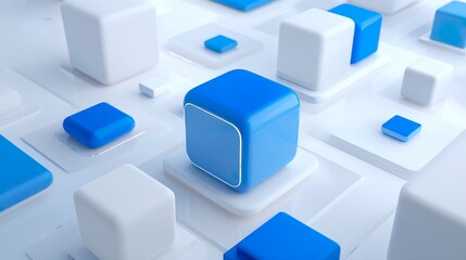 Obraz premium Minimal technology layout with floating blue squares and white space 