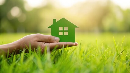 Hand holding eco house icon above green grass &mdash; symbolizing sustainable living and environmental care