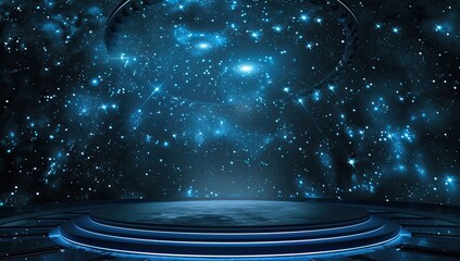 A blue background with an empty circular stage, starry sky, sci-fi style, dark tones, and mysterious atmosphere with high-definition details