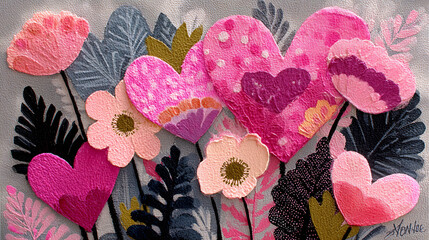 layered heart shapes with pink floral accents and abstract pattern for heartfelt Valentine's Day art