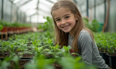 Happy young girl gardening and watering plants in a greenhouse, promoting sustainability and teaching children about agriculture and planet care. Copy space available for educational, Generative AI