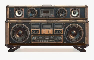 A vintage music system with an old-school boombox, cassette player and stylish speakers isolated on white background