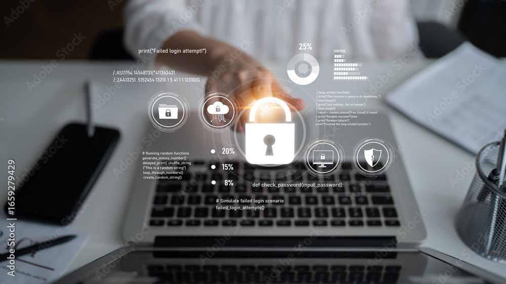 Poster cyber security protects against breaches, hacks, and network attacks using strong infrastructure and