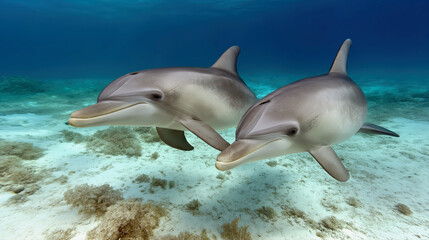 pair of cute dolphins underwater in the sea in their natural habitat