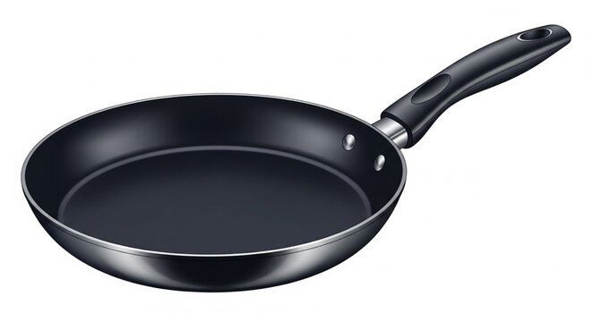 A black frying pan with a handle, isolated on a white background.