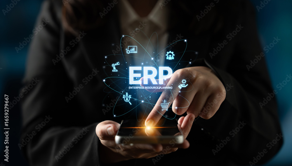 Poster erp platform visual showing centralized system for enterprise resource planning, improving integrati