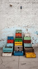 Colorful vintage wooden crates against a brick wall