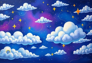 Whimsical cartoon clouds & stars, vibrant night sky painting, twinkling, universe