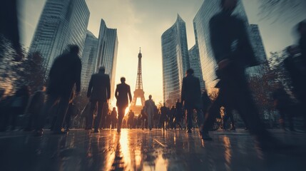 Business people walking past eiffel tower at sunset in paris france
