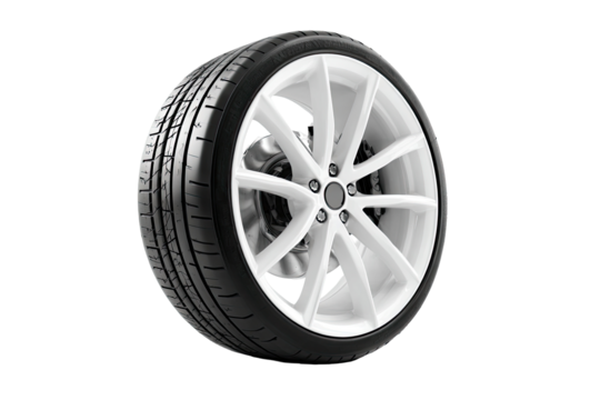 White alloy wheel and tire, studio shot