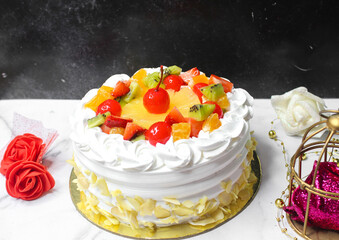 Cake on decorated background with garnish