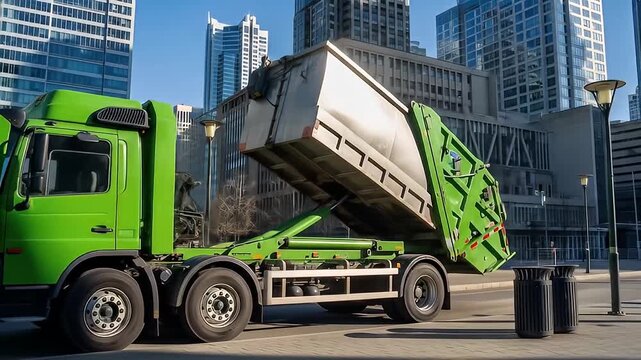 Green Dumpster Truck Elevating Container City Waste Collection