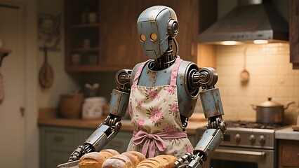 robot cyborg on kitchen