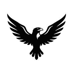 Obraz premium Eagle Silhouette Icon A strong and bold vector silhouette icon of an eagle in flight. This simple black and white graphic represents power, freedom, and vision. It is ideal for branding, logos