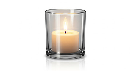 A lit votive candle inside a clear glass holder, casting a warm glow.