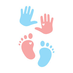 Obraz premium Baby handprints and footprints in pink and blue with heart symbol. Cute newborn design for parenting, childcare, maternity, baby shower, love, care, family, kids, childhood, adoption, charity themes
